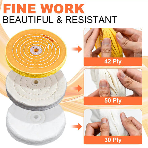 Product image of Eight Pack 6 Inch Polishing Wheel Set For Bench Grinder showing yellow 42-ply, white 50-ply, and soft flannel 30-ply wheels with text 'Fine Work Beautiful & Resistant.'