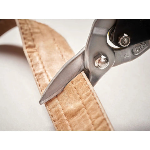Heavy Duty Aviation Tin Snips Straight Cut 9 7/8 Inch cutting fabric, close-up of serrated chrome molybdenum blades