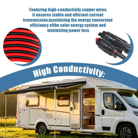 10 Foot Solar Cable Entry Gland With 10 AWG Extension Cable MC4 Connectors For RV Boat Camper And Van Installations Weatherproof Solar Junction Box With Tinned Copper Wire And High Conductivity For Efficient Power Transfer, shown with RV use