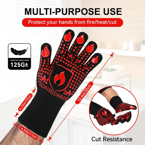 Heavy Duty Silicone Grill Gloves And Oven Mitts For BBQ Boss Level Heat Resistance Up To 1472 Fahrenheit Fireproof Non Slip Red One Pair For Cooking Grilling Baking Smoking showing black gloves with red flame design and dimensions highlighted in kitchen setting.