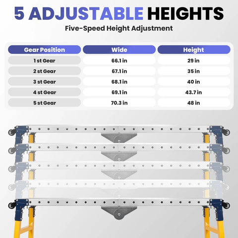 Heavy Duty Portable Welding Table And Folding Scaffolding Platform With Four Smooth Rollers, Height Adjustable Steel Workbench Built Tough With Zero Sweat, 1100 Pound Capacity Anti Slip Surface showing adjustable heights.