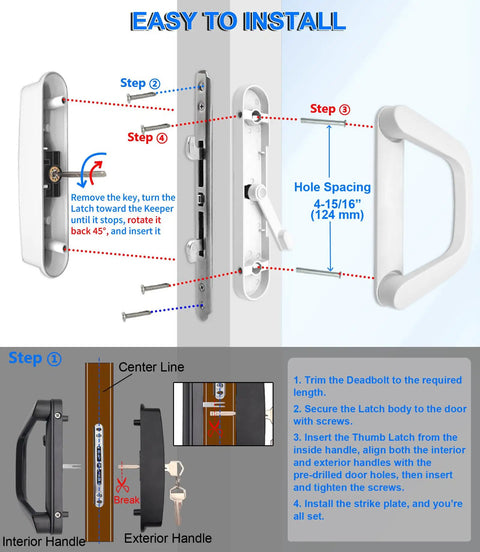 Installation guide for Sliding Patio Door Handle Set With Mortise Lock Reversible And Keyed White Finish Fits 1.5 To 2 Inches Thick
