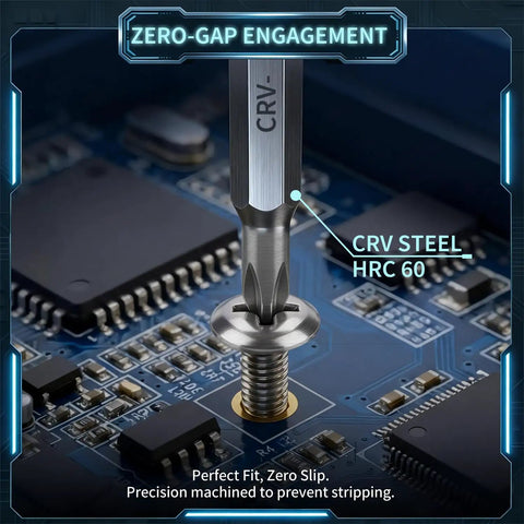 Close-up of 122 In 1 Precision Screwdriver Kit CRV steel bit engaging with electronic component, demonstrating zero-gap fit.