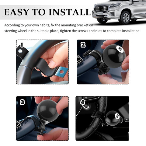 Steps to install Black 8 Ball Steering Wheel Knob Spinner, 360 Degrees Rotatable One Hand Grip For Easy Backing Up And Quick Turns.