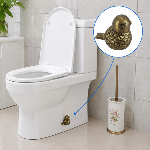 Super Dope Bronze Ceramic Toilet Bolt Covers Featuring Charming Bird Sculpture on white toilet, concealing floor anchors.