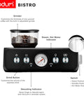 Premium Game Changer Electric Espresso Machine With Integrated Stainless Steel Burr Grinder And High Pressure Milk Frother Steam Wand For Straight Up Barista Style Brewing At Home In Classic Black control panel with grinder, indicators, and buttons