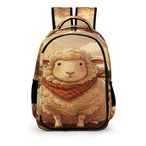 Plaid Bandana Farm Sheep Print Unisex Backpack With Large Capacity featuring cartoon sheep and plaid design