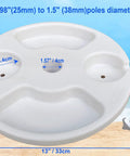 13 Inch Beach Umbrella Table Tray With Cup Holders And Snack Compartments For Beach Patio Or Poolside Use White Finish Fits Poles From 0.98 To 1.5 Inches Adjustable Easy Setup And Mess Free Snacks, shown on sand with size details and adapter.