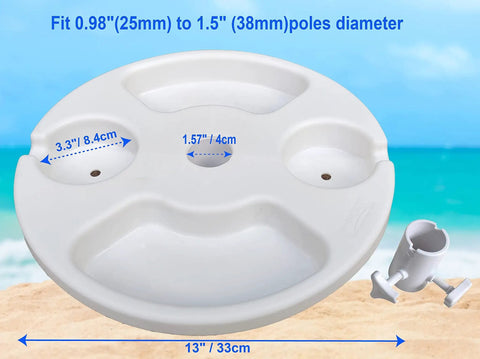 13 Inch Beach Umbrella Table Tray With Cup Holders And Snack Compartments For Beach Patio Or Poolside Use White Finish Fits Poles From 0.98 To 1.5 Inches Adjustable Easy Setup And Mess Free Snacks, shown on sand with size details and adapter.
