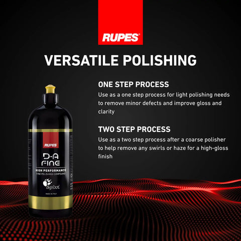 Bottle of DA Fine High Performance Car Polishing Compound 1000 Ml Yellow on a red and black textured background.