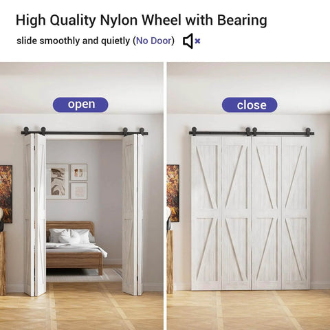 Bi Folding Sliding Barn Door Hardware Kit For Four Doors With Top Mount Track In Black Finish installed in living room