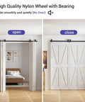 72-Inch Bi-Folding Sliding Barn Door Hardware Kit For Four Doors With Black Top Mount Track shown open and closed