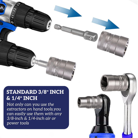 Bolt Extractor Kit Round Bolt Remover Set For Damaged Bolts And Screws Extractor Socket Set shown with drill and ratchet use
