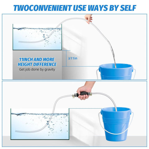 Gasoline siphon hose pump front view with two clear PVC hoses and handheld grip; portable fuel transfer tool by Amazon.