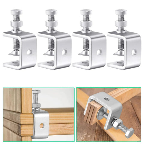 Heavy Duty 4pc C Clamp Set With Adjustable Knobs For Woodworking And Welding Tables Industrial Strength Grip Tools Applied on wood.