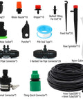 Components of All In One 100 Ft Drip Irrigation Kit For Garden And Lawn With 50 Ft Main Tubing And 50 Ft Branch Tubes