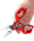 Heavy Duty 6 Inch Electrician Scissors With Micro Serrated Edge For Precise Stripping Network Cables Fiber Optics No Slip Wire Cutter Snips Pro Grade Tradesman Toolkit Essential held in a hand.
