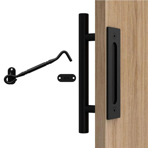 12 Inch Black Barn Door Handle With Latch Set, Heavy Duty Solid Carbon Steel Gate Pull, Round Handle, Rust-Resistant Powder Coat on wood door