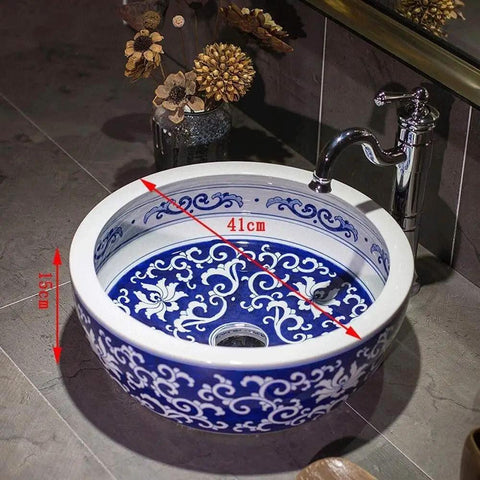 Top Shelf Vintage Round Ceramic Vessel Sink For Bathroom Vanity Above Counter Durable Porcelain Wash Basin With High Gloss Premium Glaze, 41cm diameter.