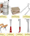 Bee smoker, smoker pellets, hive frame holder, and various scrapers from the All-In-One Beekeeping Starter Kit With 30 Must-Have Tools For Hive Checks, Honey Harvesting, Queen Tagging, Uncapping And Comb Reinforcement, Plus Protective Veil And Gloves.