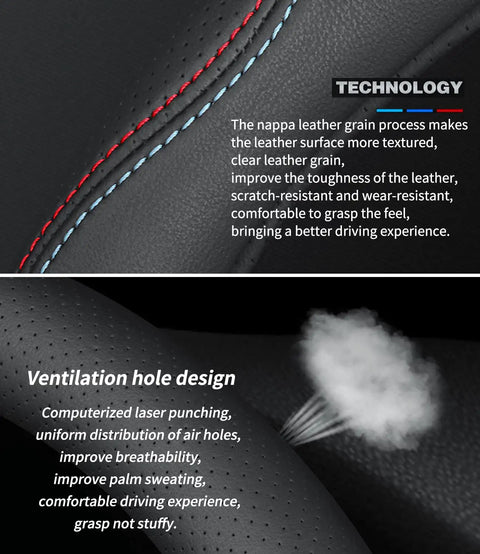 Detailed view of Roll Smooth Premium Leather Steering Wheel Cover Custom Fit For GMC Models featuring breathable leather and contrast stitching.