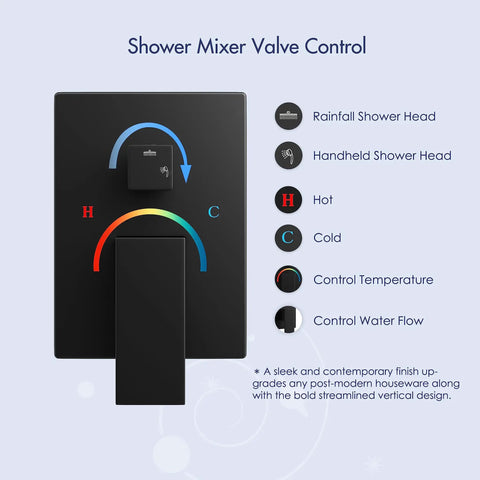 Shower mixer valve control for 10 Inch Matte Black Shower Set With Square Rain Head And Handheld, temperature and flow control