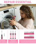 Girl using Pink 39 Piece Hand Tool Set For Women With Plastic Storage Box All Purpose Household Tool Kit For Home Garage Office Dorm Beginner Friendly Easy Grip Tools For Quick Fixes on washing machine