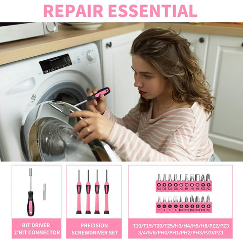 Girl using Pink 39 Piece Hand Tool Set For Women With Plastic Storage Box All Purpose Household Tool Kit For Home Garage Office Dorm Beginner Friendly Easy Grip Tools For Quick Fixes on washing machine