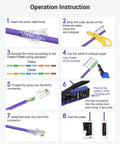 Illustrated instructions for using Versatile All In One RJ45 Crimp Tool With Adjustable Knob showing step-by-step Ethernet cable crimping.