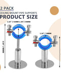 Beefy Stainless Steel Pipe Wall And Ceiling Mount Brackets Set, 2-Pack, adjustable height 1.96-3.54 inches, product size chart