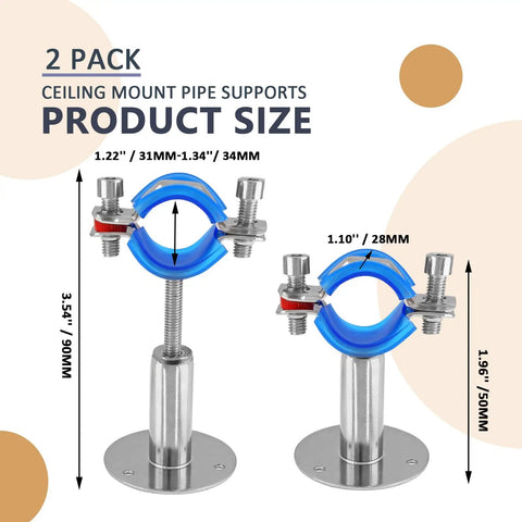 Beefy Stainless Steel Pipe Wall And Ceiling Mount Brackets Set, 2-Pack, adjustable height 1.96-3.54 inches, product size chart