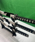Traditional Handmade Samurai 3 Piece Katana Wakizashi Tanto Sword Set With Display Stand Stainless Steel Blades Gold Dragon Scabbard