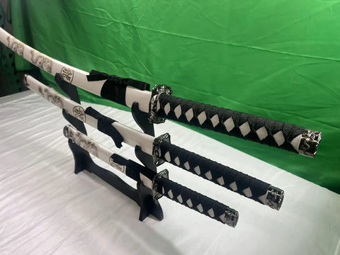 Traditional Handmade Samurai 3 Piece Katana Wakizashi Tanto Sword Set With Display Stand Stainless Steel Blades Gold Dragon Scabbard
