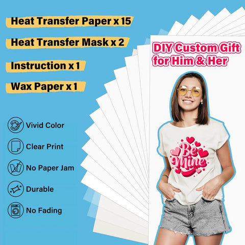 Printable Heat Transfer Paper Kit For Tees, 15 Sheets 8.3 By 11.7 Inches, Inkjet Friendly Iron On Transfer Paper For Light And Dark Fabrics