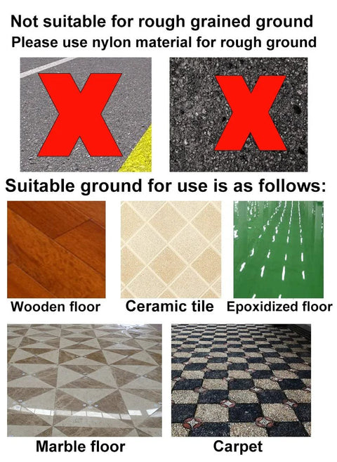 Image showing surfaces suitable and not suitable for 2 Inch Rubber Caster Wheel Set Of 4 With Five Sixteenth Inch By One And A Half Inch Stem And 20mm Socket Inserts For Furniture Crib Trolley Dining Car Casters Easy To Install Durable Quiet Rolling For Home And Workshop.