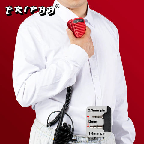 Man using red Speaker Microphone for Kenwood Two Way Radios Waterproof IP56 Shoulder Mount With 3.5mm Jack Heavy Duty PU Cable
