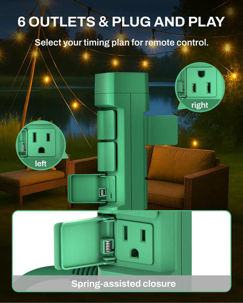 Close-up of Outdoor Power Stake Timer with six outlets, green housing, 6 foot extension cord, 100 feet wireless remote capability.