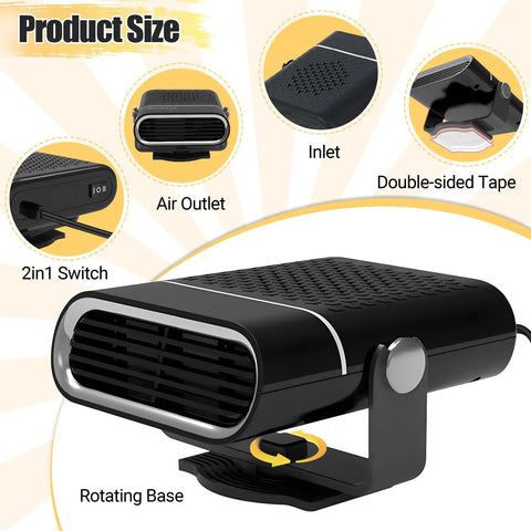 Portable 12V Car Heater Brings Road Trip Ready Warmth Straight To Your Dash For Quick Windshield Defrosting With Easy Plug And Play Cigarette Lighter Setup For Any Winter Drive showing design features and controls.