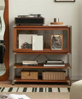 4-Tier Industrial Storage Shelf with Retro Magazine Holder showcasing books and decor in living room setting.