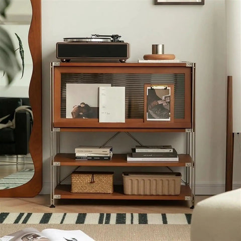 4-Tier Industrial Storage Shelf with Retro Magazine Holder showcasing books and decor in living room setting.