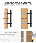 Breakaway screws for Matte Black 25 Pack Cabinet Handles showing size range 0.5" to 1.57" thickness, with measurements.