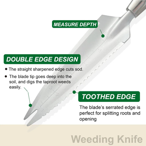Close-up of 13.3 Inch Alloy Steel Garden Trowel With Forked Tip and Depth Markings, focusing on toothed edge and labels.