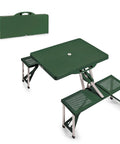 Foldable Picnic Table With Built-In Benches For Four, Outdoor Camping Table With Umbrella Hole, Hunter Green, shown open and closed.