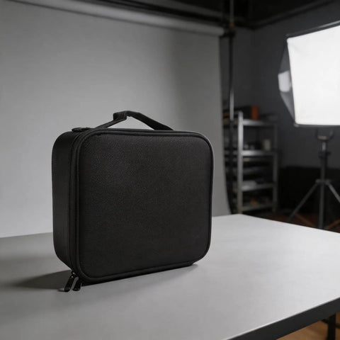 Rugged Oxford Cloth Telescope Accessory Case with Removable Dividers for Eyepieces, shown on a table in a studio setting.