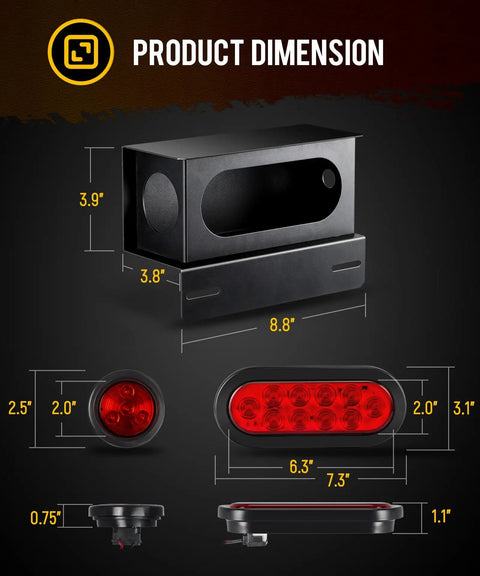 Heavy Duty Steel Trailer Light Box Kit DOT Approved 6 Inch Oval Red Tail Lights 10 LED dimensions with 2 Inch Side Markers.