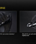 Gloved hand holding P12GT Flashlight With Cree XP L Hi V3 LED Up To 1000 Lumens Badass Optics For Long Throw Rugged Aluminum Body Tactical