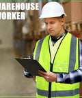 Warehouse worker in hard hat wearing 10 Pack Reflective Safety Vests With Pockets And Zipper, high visibility for construction, fluorescent green.