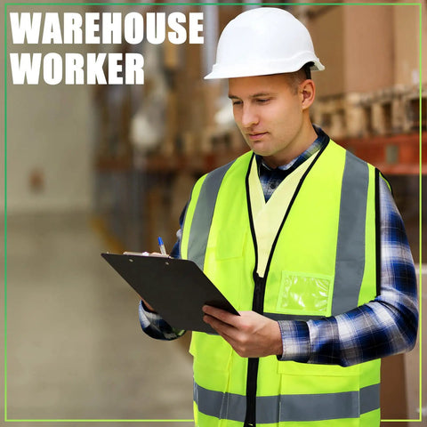 Warehouse worker in hard hat wearing 10 Pack Reflective Safety Vests With Pockets And Zipper, high visibility for construction, fluorescent green.