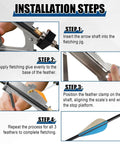 Installation steps for Adjustable Fletching Jig For Archery Tools Kit With Magnetic Clamp, showing jig usage and arrow setup.