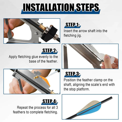Installation steps for Adjustable Fletching Jig For Archery Tools Kit With Magnetic Clamp, showing jig usage and arrow setup.